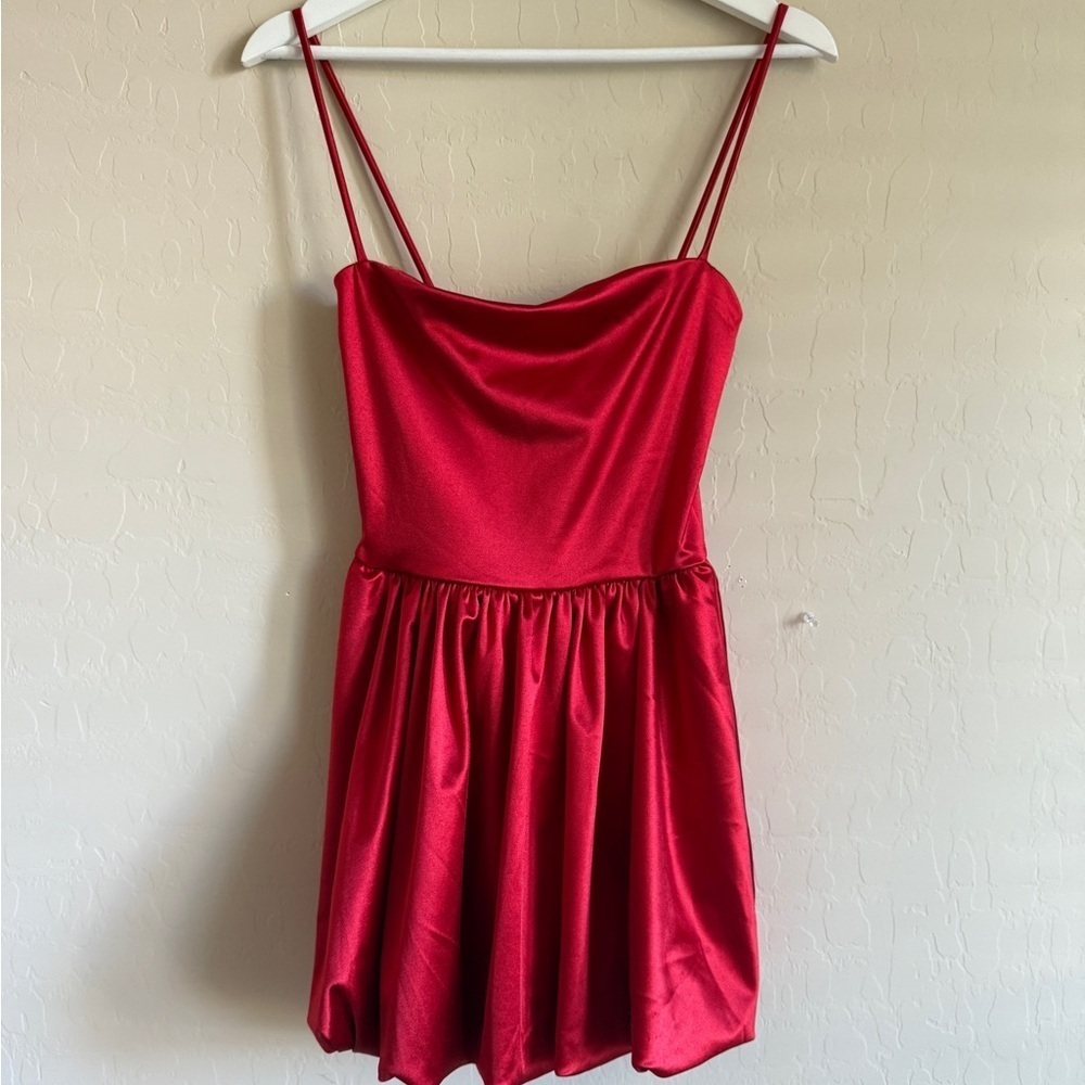 Charlotte Russe Bubble Hem Red Satiny Mini Spaghetti Strap Dress Small